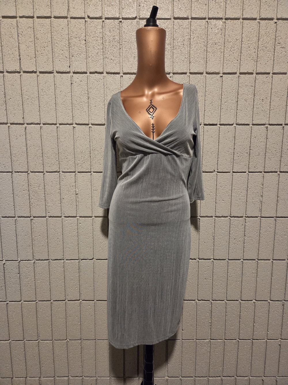 Women's Grey See-thru V-Neck Wrap Midi Dress FeBe
